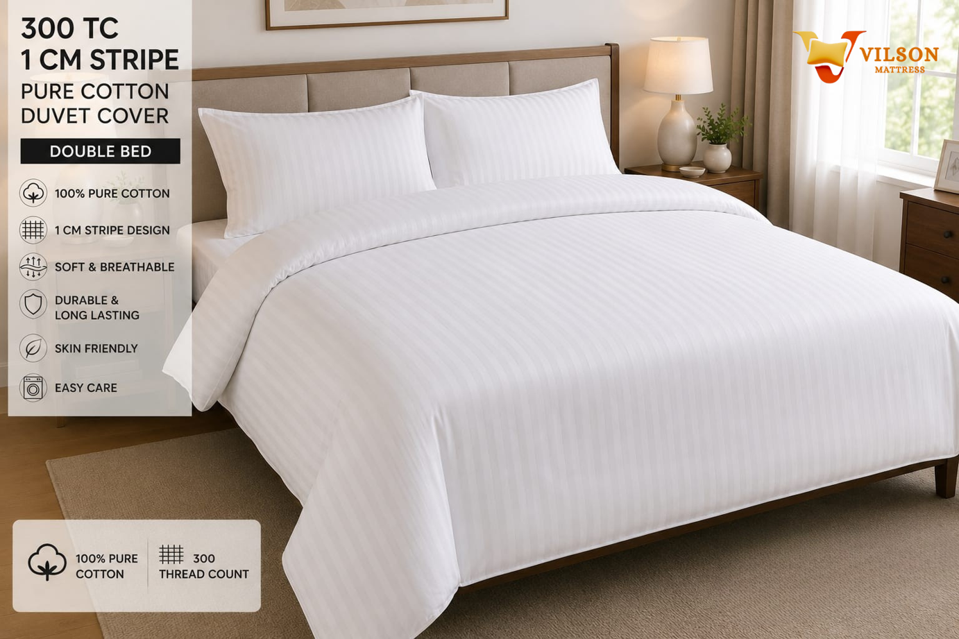 Vilson 300 TC Pure Cotton Double Bed Bedsheet Set